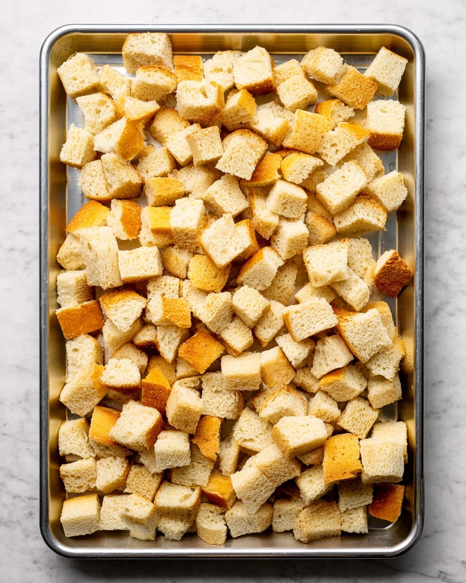 A large metal baking tray filled with many small bread cubes spread evenly across its surface. The bread cubes are light golden brown with a soft texture visible on their cut sides and darker crust edges, showing a mix of smooth and rough surfaces. The tray is placed on a white marbled background, creating a clean and bright setting. Photo taken with an iphone --ar 4:5 --v 7