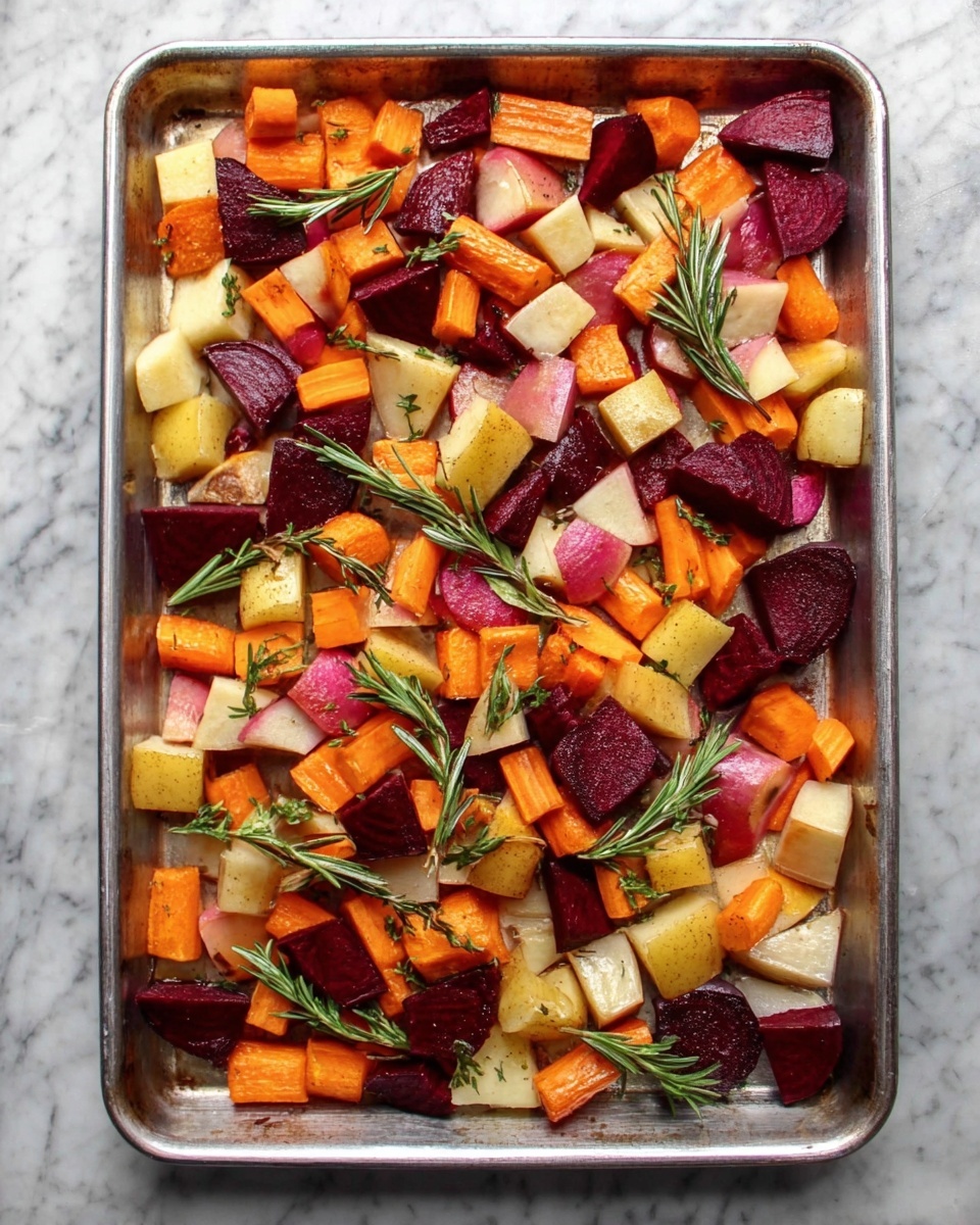 A metal baking tray filled with chopped vegetables evenly spread out in one layer, including orange carrots, dark red beets, light yellow potatoes, and pale radishes, all cut into small chunks. Sprigs of fresh green rosemary are scattered on top, adding texture and color contrast. The tray sits on a white marbled surface, and the overall look is colorful and fresh, with rough, natural vegetable shapes visible. photo taken with an iphone --ar 4:5 --v 7