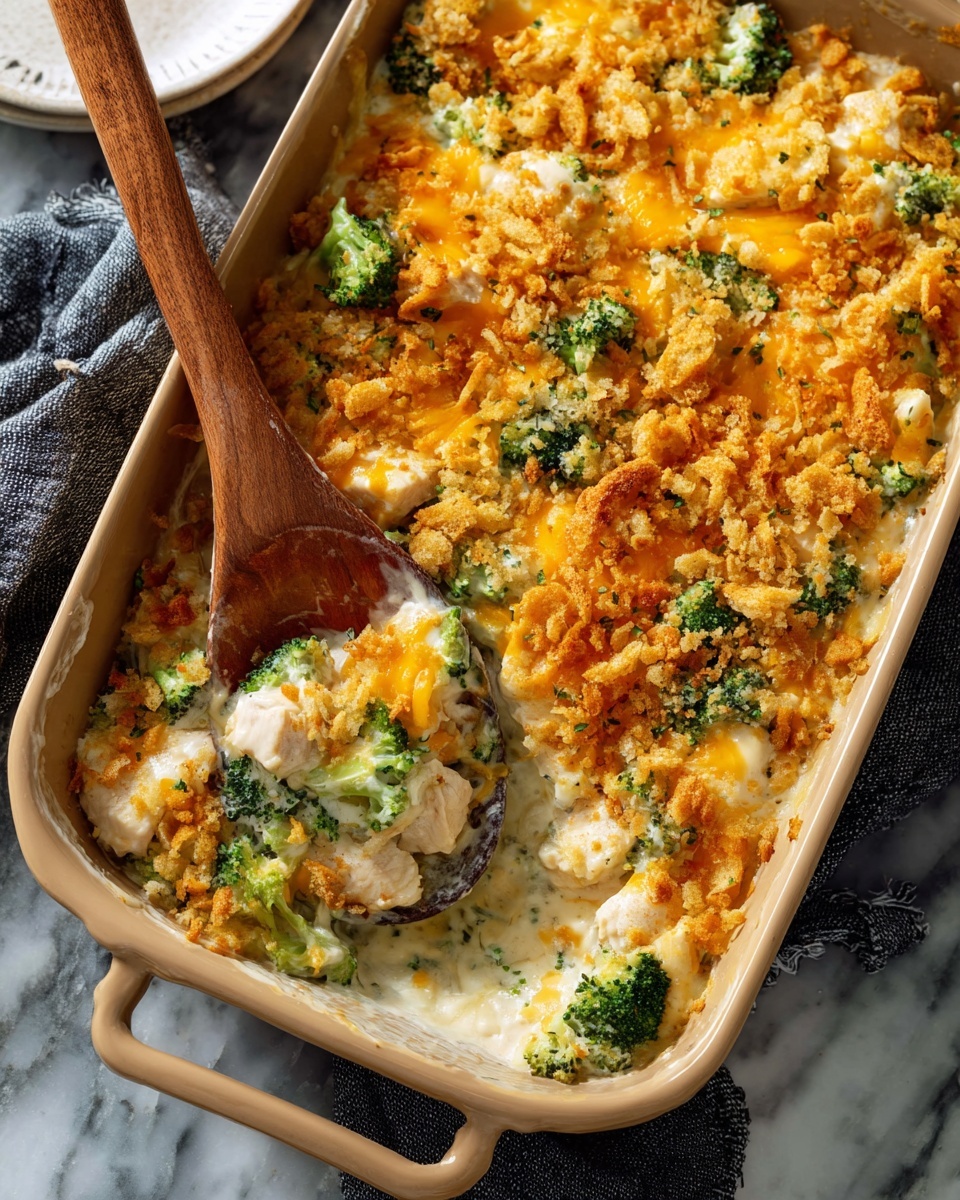 The image shows a close-up of a cheesy broccoli casserole in a round black pan. The top layer is melted golden cheese with pieces of green broccoli florets scattered throughout. Under the cheese, chunks of light beige chicken and creamy sauce are visible, mixed with the broccoli. A spoon is scooping out a portion, showing the soft texture of the cheese and broccoli mixed with chicken inside. The dish sits on a white marbled surface. Photo taken with an iphone --ar 4:5 --v 7