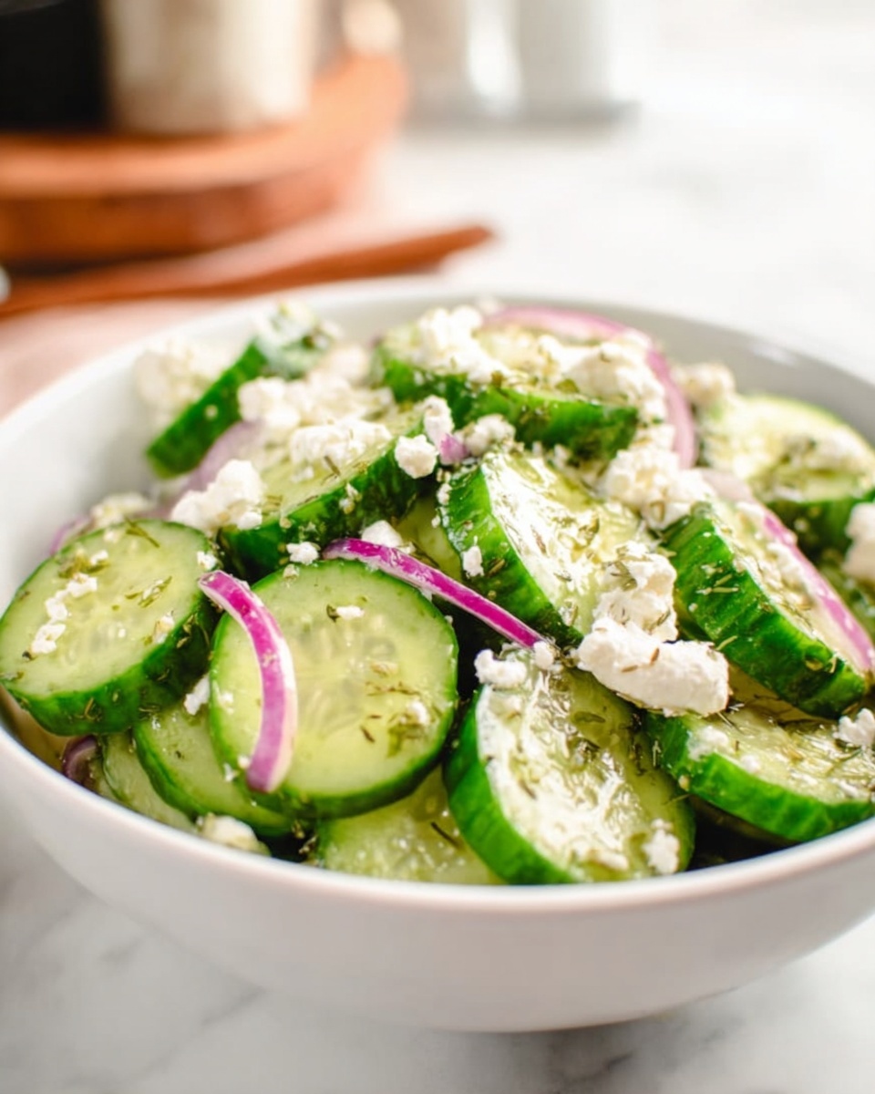 The dish is a fresh cucumber salad served in a white bowl filled with three main layers: the bottom layer consists of thick green cucumber slices with a bumpy texture, the middle layer has thin pieces of red onion adding a hint of purple, and the top layer is sprinkled with small chunks of white cheese crumbled over the salad. The salad looks lightly coated with herbs and oil, giving a slight shine to the ingredients. The bowl is placed on a white marbled surface, and in the background, some blurred kitchen items are visible. photo taken with an iphone --ar 4:5 --v 7