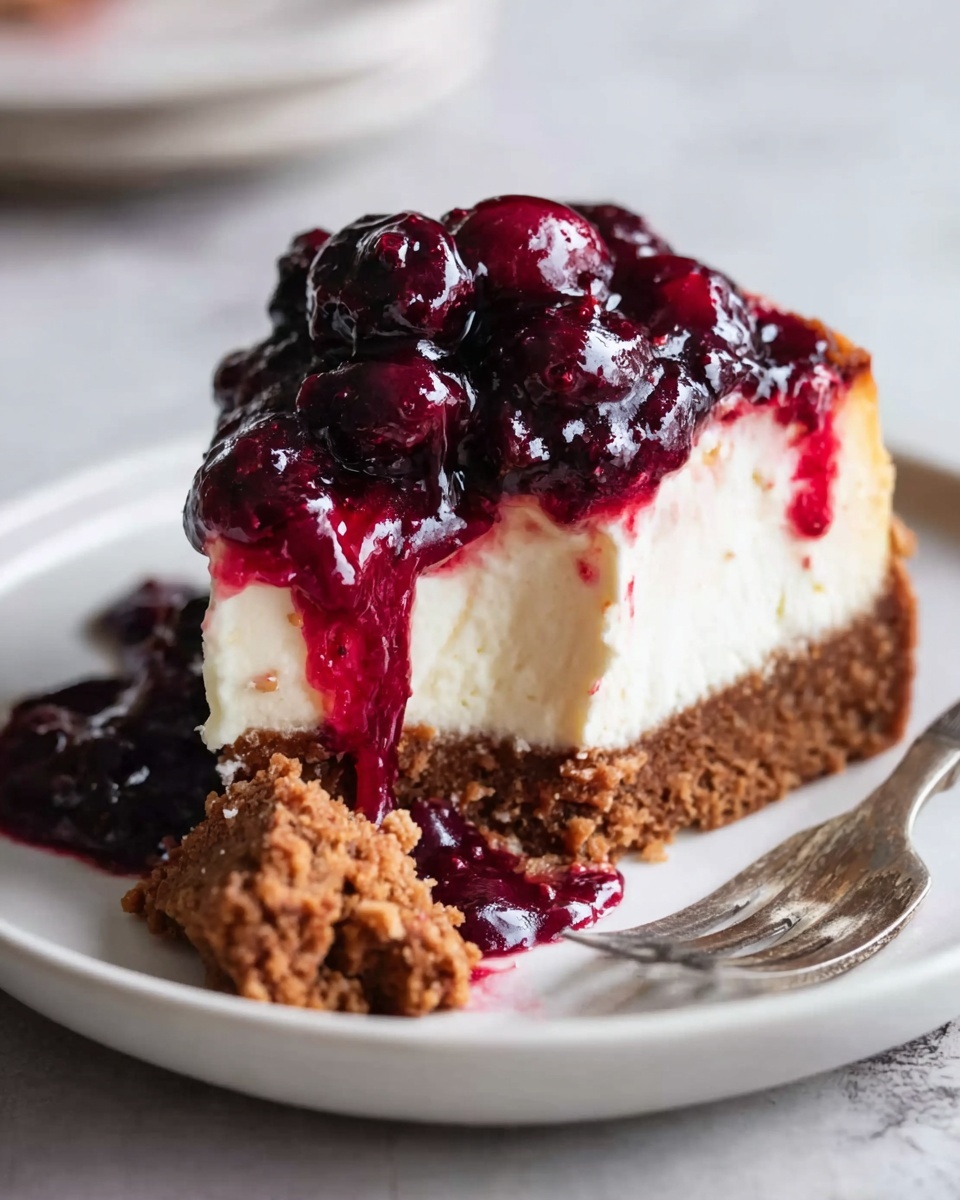 The image shows a round dessert with three clear layers on a white marbled surface. The bottom layer is a thick, crumbly crust with a brown, textured appearance. On top of that is a thick, smooth white creamy layer. The top layer is a glossy mix of dark red and purple berries, including whole cherries and small round berries, with a juicy syrup dripping slightly down the white layer. A slice is missing, revealing the layers clearly. To the right, there is a dark bowl with some berries and a crumpled blue cloth. The photo taken with an iphone --ar 4:5 --v 7