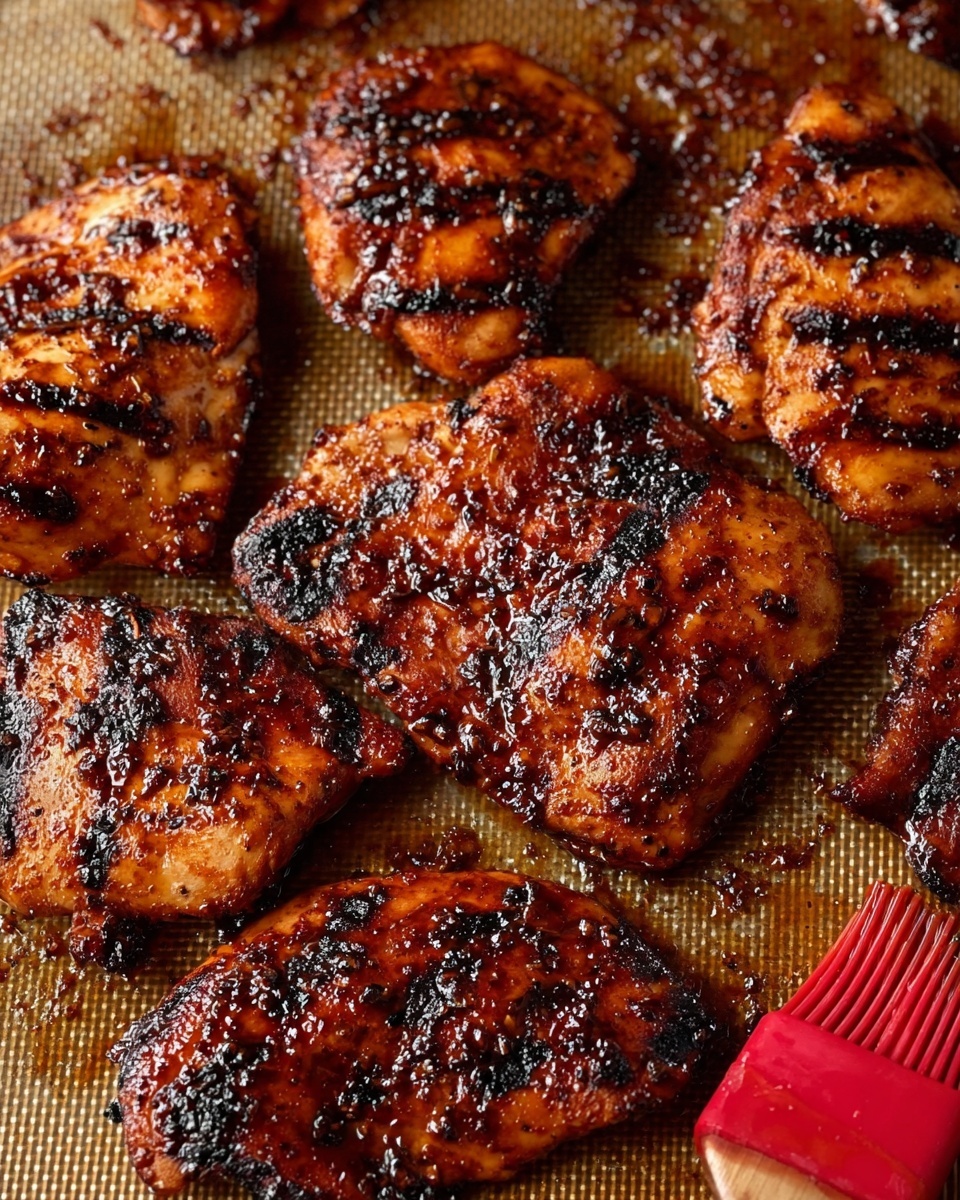 The image shows several pieces of grilled chicken with a shiny, dark brown glaze and charred spots on their textured surface, arranged closely on a brown grill mat. The chicken pieces vary in size and shape, each with strong grill marks and a slightly sticky look from the sauce. To the right side, a red brush with sauce rests on the mat, partly visible. The background is a white marbled texture. photo taken with an iphone --ar 4:5 --v 7