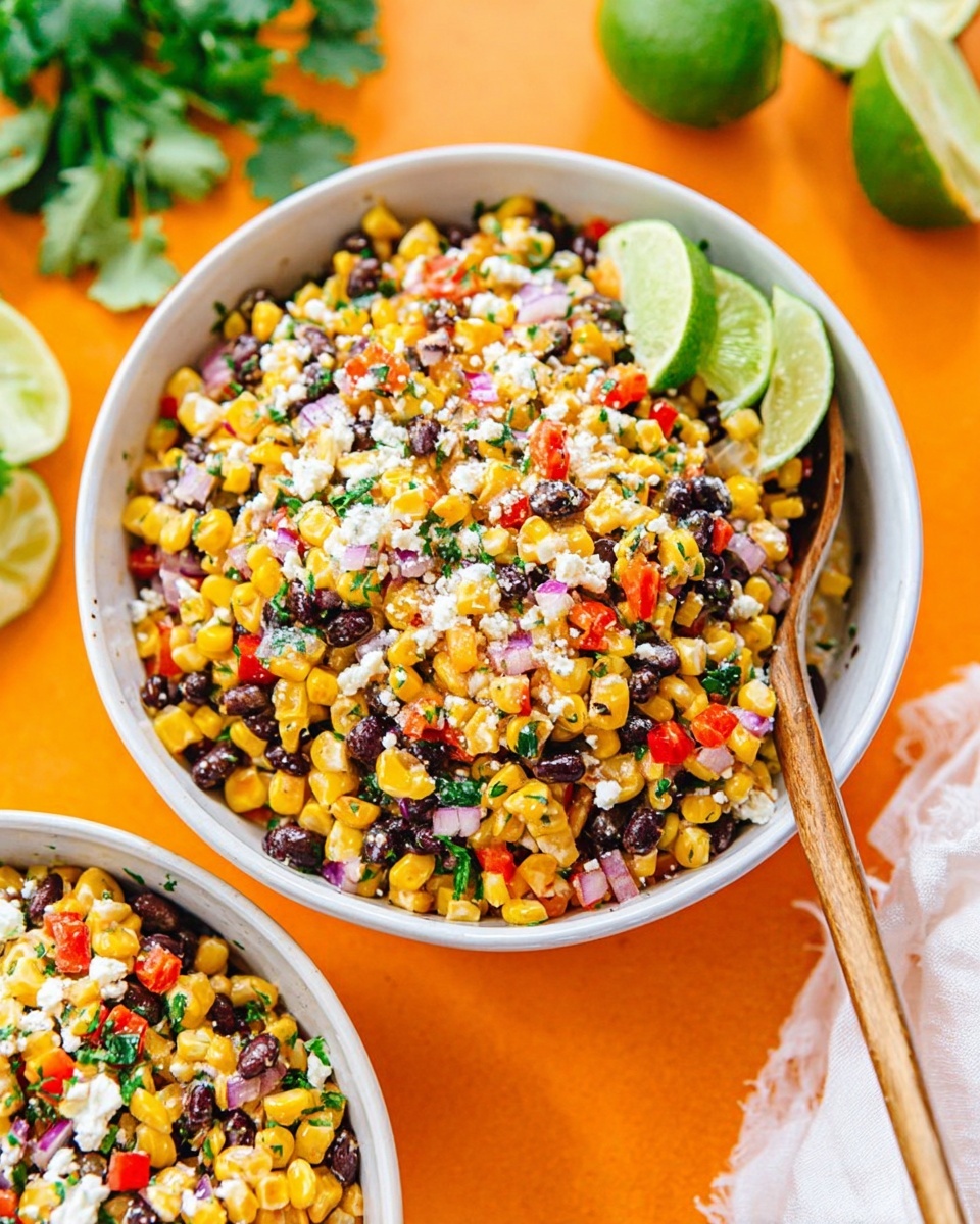 A white bowl filled with a colorful layered salad showing yellow corn kernels as the main layer mixed with black beans, chopped red bell peppers, finely diced white onions, and green herbs. There are small white crumbles of cheese sprinkled on top and a lime wedge placed on the edge of the salad near the top right. A wooden spoon rests inside the bowl on the left side. The bowl is set against a white marbled surface with some green leafy herbs partially visible to the left. photo taken with an iphone --ar 4:5 --v 7