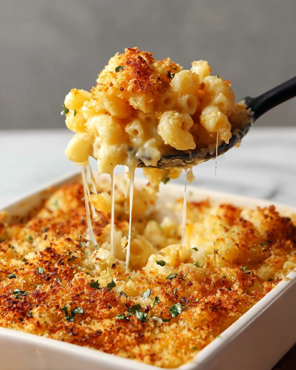 A close-up view of a white plate filled with macaroni pasta coated in creamy, light yellow cheese sauce, mixed with pieces of golden brown baked topping that looks crunchy and slightly toasted, sprinkled with small green herbs, and a silver spoon partially submerged in the dish. The plate rests on a white marbled surface with some garlic cloves and a bowl of chopped green herbs nearby. The overall texture is creamy and crunchy, showing a mix of soft pasta and crisp topping. photo taken with an iphone --ar 4:5 --v 7
