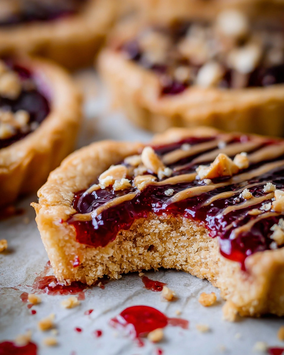 The image shows six round cookies with a rough light brown base layer. Each cookie has a glossy deep red jelly filling in the center that looks shiny and slightly wet. Some cookies have thin drizzles of light brown spread over the jelly. The cookies are placed closely on a tan parchment paper surface with small drops and smears of red jelly and the spread around them. A silver spoon with red jelly on it is on the right side. The overall look is warm and homemade, on a white marbled texture. photo taken with an iphone --ar 4:5 --v 7