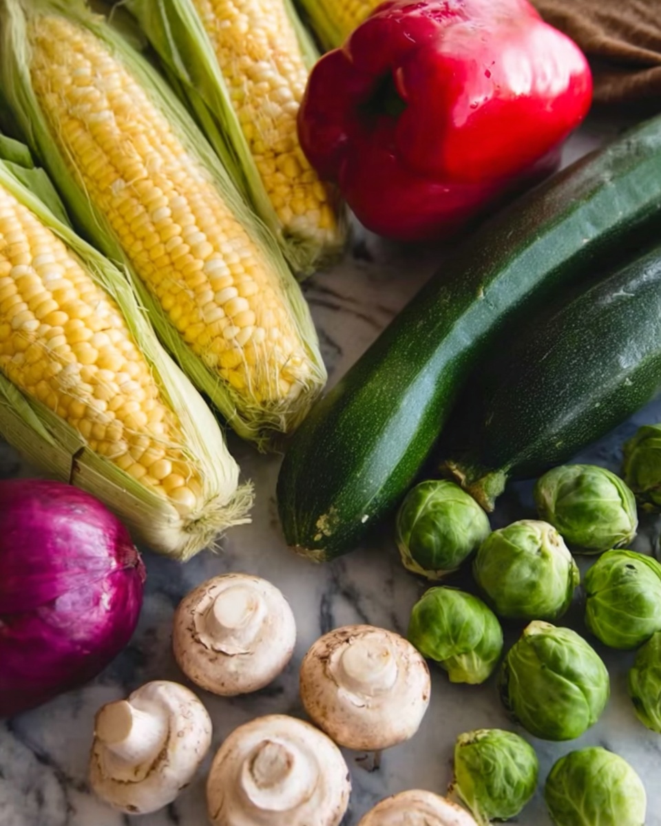 The image shows a close-up of fresh vegetables arranged on a white marbled surface. In the top part, there are two ears of yellow corn with green husks partially peeled back. Below them, a large red bell pepper sits next to two dark green zucchinis. On the left side, a purple onion rests near a pile of bright green Brussels sprouts. In the bottom right corner, several white mushrooms with light brown spots are gathered together, showing their rounded caps and smooth texture. Photo taken with an iphone --ar 4:5 --v 7