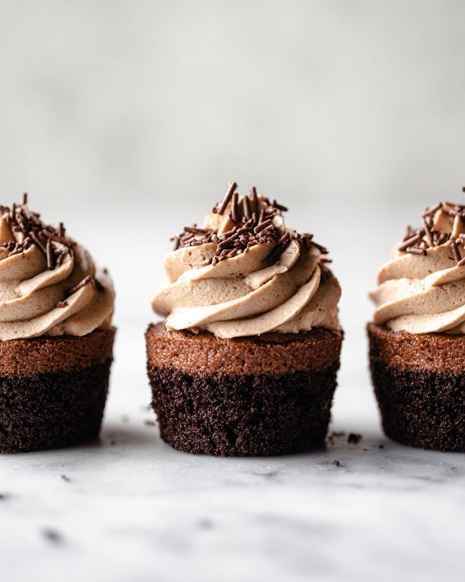 Three chocolate cupcakes are lined up on a white marbled surface. Each cupcake has three layers: a dark crumbly base, a smooth middle chocolate layer, and a top swirl of light brown chocolate frosting with small chocolate shavings sprinkled over it. The background is softly blurred with a clean white look. photo taken with an iphone --ar 4:5 --v 7