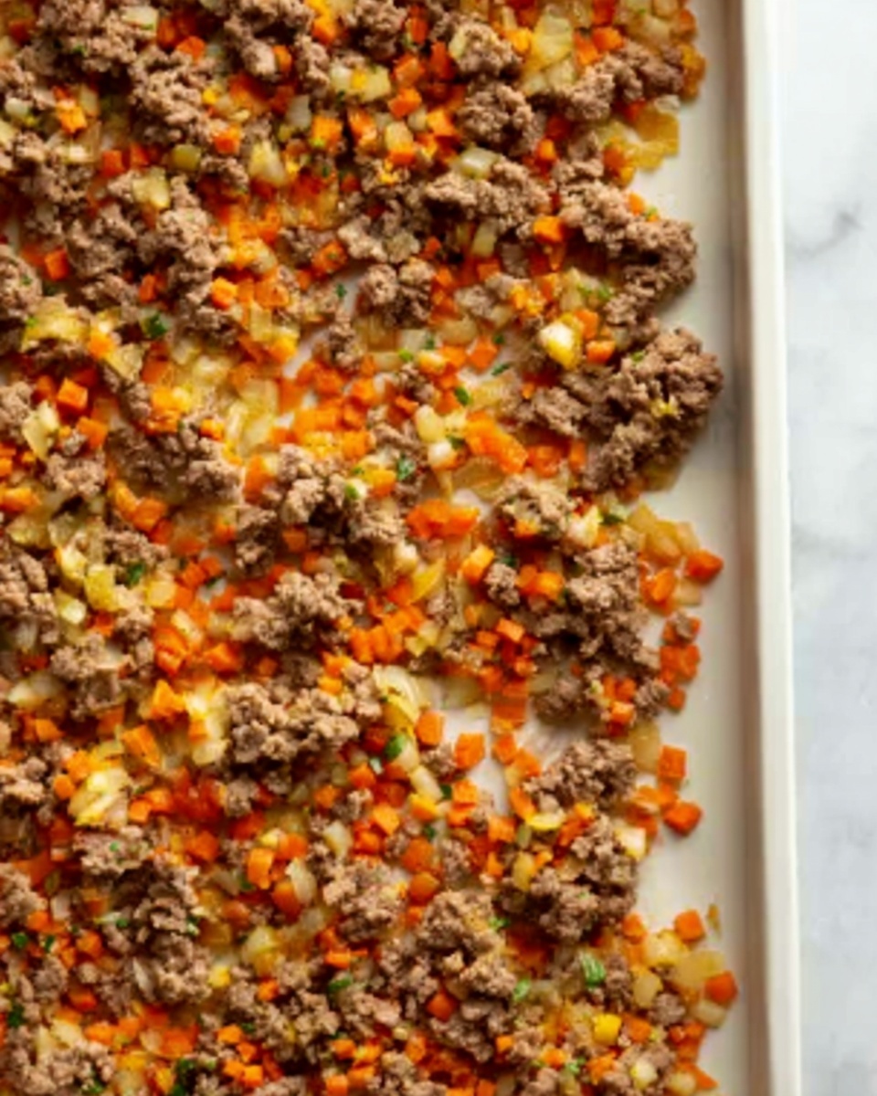 The image shows a white baking tray filled with a mix of cooked ground meat and small diced carrots and onions. The ground meat is brown and crumbly, spread unevenly in clusters across the tray. The orange diced carrots and pale yellow diced onions are mixed throughout, creating a colorful contrast with the meat. The texture looks slightly moist but mostly firm, and the tray sits on a white marbled surface. photo taken with an iphone --ar 4:5 --v 7
