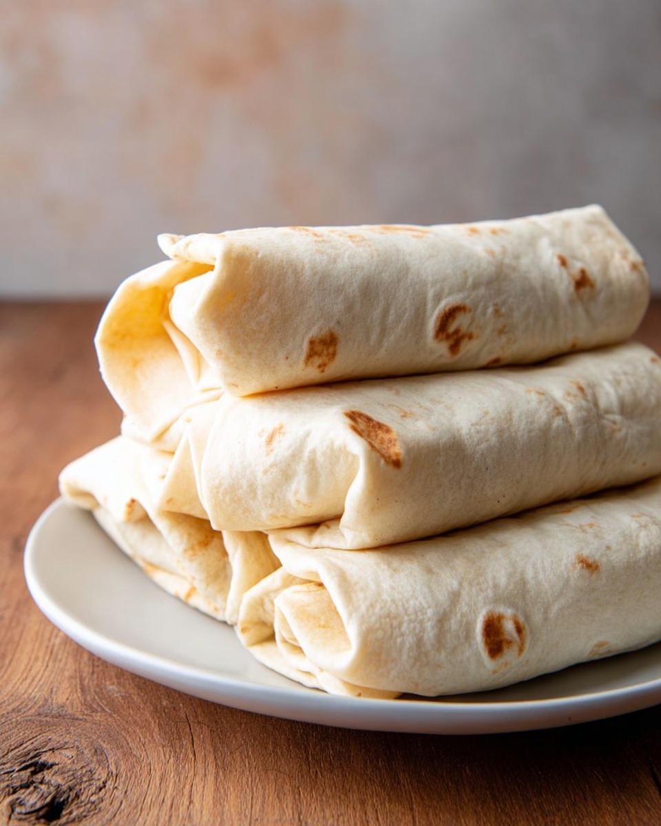 A white plate holds a stack of four folded burritos, arranged in two layers with three on the bottom and one on top. Each burrito is wrapped in a smooth, light beige tortilla with slight brown spots and soft folds sealing the ends. The tortillas appear soft and slightly puffy with gentle creases. The plate sits on a wooden surface, while the background is a simple, soft blend of warm neutral tones. The focus is sharp on the burritos, showing their texture clearly. photo taken with an iphone --ar 4:5 --v 7