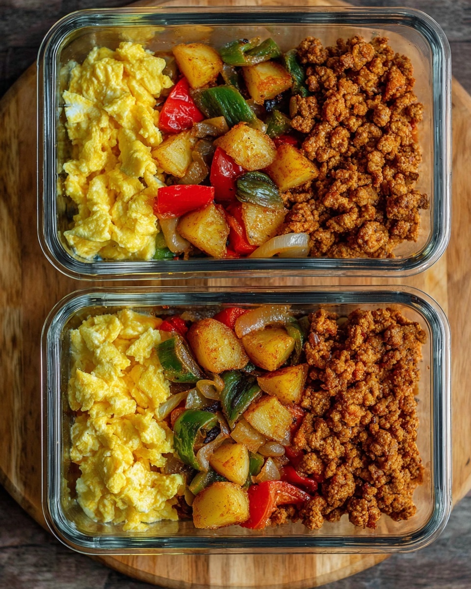 The image shows two glass meal prep containers placed on a round wooden board. Each container is divided visually into three sections: the left section has fluffy yellow scrambled eggs with a soft texture, the middle section holds roasted vegetables including golden brown potato chunks, red and green bell peppers, and onions with a slight char, and the right section contains seasoned ground meat with a crumbly texture and a reddish-brown color. The arrangement is neat and the colors are warm and inviting, with the clear glass containers contrasting against the wooden board. The photo taken with an iphone --ar 4:5 --v 7