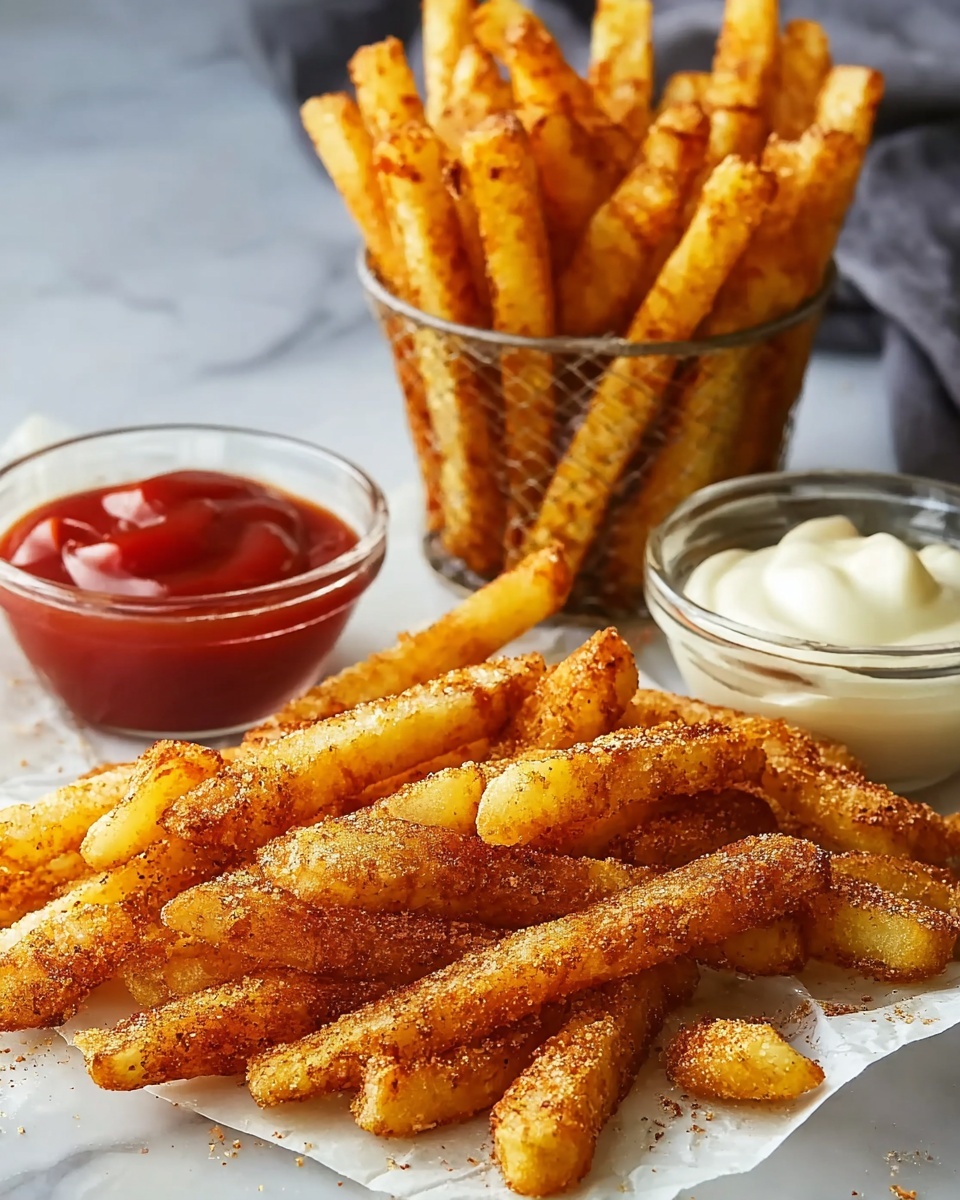 This image shows two groups of crispy fries with a golden-brown color and a rough texture from seasoning, one group placed on white parchment paper on a white marbled surface, and the other standing upright inside a small metal basket behind them. To the right of the fries are two small clear glass bowls filled with dipping sauces: one with bright red ketchup and the other with white creamy sauce. The fries in the front have a light dusting of seasoning visible on their surface. photo taken with an iphone --ar 4:5 --v 7