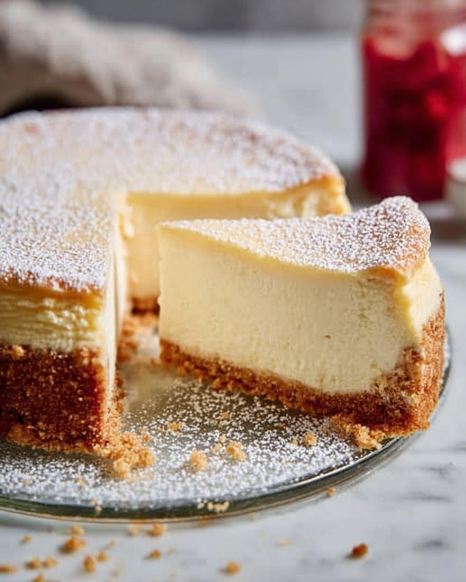 A creamy cheesecake with two main layers is shown on a clear glass plate. The bottom layer is a thick, crumbly brown crust made from crushed biscuits, holding up a smooth, pale yellow cheesecake layer that looks soft and dense. The top of the cheesecake is light golden brown with a dusting of fine white powdered sugar. Some crumbs are scattered on the white marbled surface beneath the plate. In the background, there is a blurred red-colored jar. Photo taken with an iphone --ar 4:5 --v 7