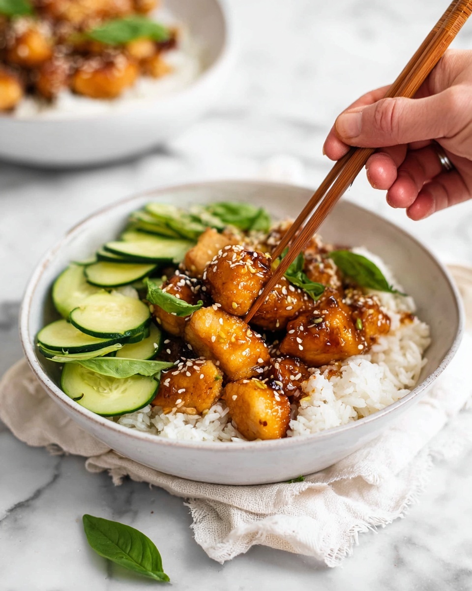 A white round bowl contains three layers: at the bottom is a bed of white rice, on top there are golden brown glazed pieces of chicken sprinkled with white sesame seeds, and on the side are sliced green cucumbers with fresh green basil leaves. Woman's hand is holding wooden chopsticks picking up a piece of chicken. The bowl is placed on a white marbled surface with a white cloth underneath, and in the background there is another white bowl with similar contents slightly blurred. photo taken with an iphone --ar 4:5 --v 7