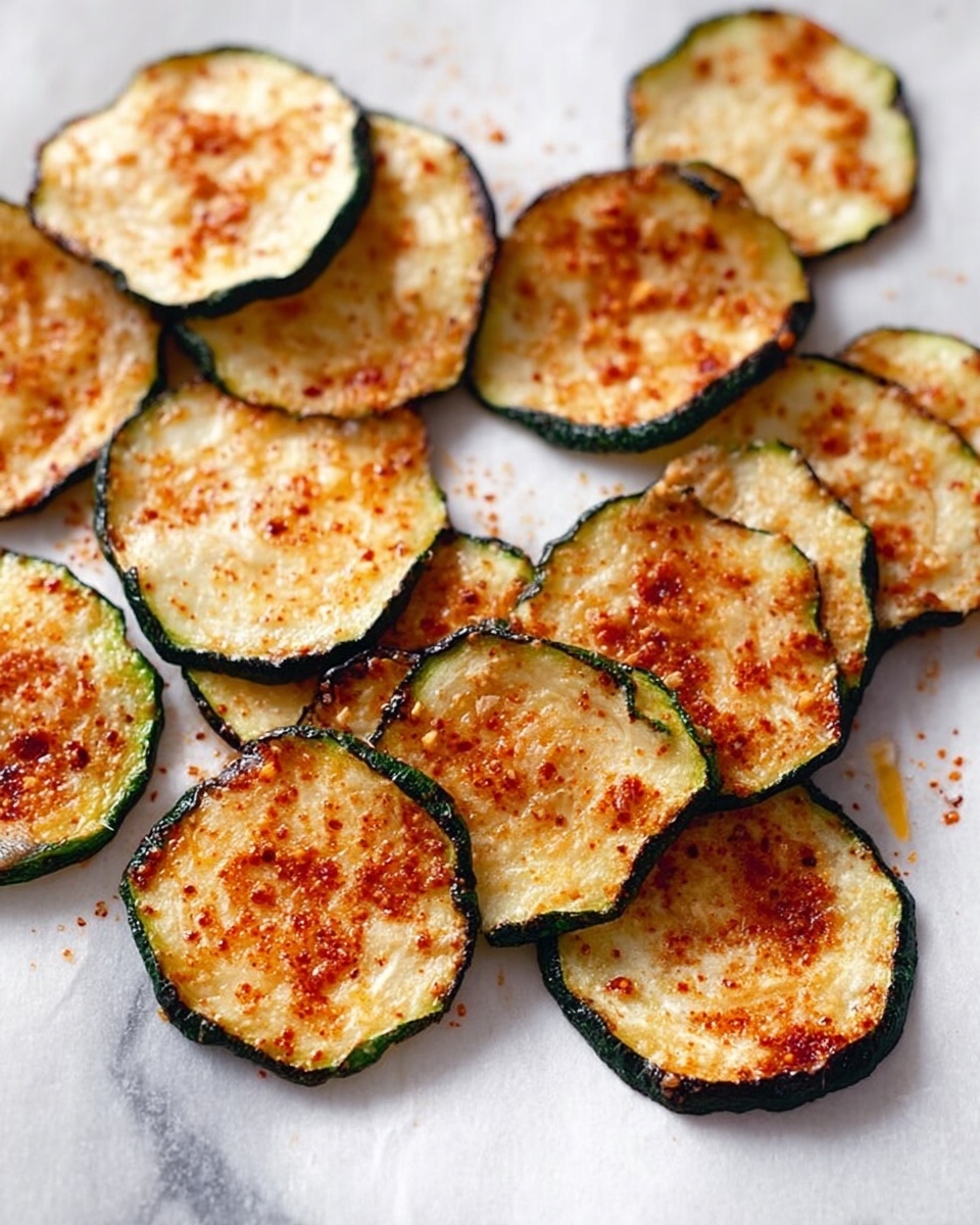 The image shows several thin, round slices of roasted zucchini spread out on white parchment paper placed on a white marbled surface. The zucchini slices have a golden-brown texture with some darker charred spots and are sprinkled lightly with orange-red seasoning and small drops of oil, giving them a crispy and slightly oily look. The edges of the zucchini slices are dark green and slightly curled, adding contrast to the pale yellow and brown centers of the slices. photo taken with an iphone --ar 4:5 --v 7