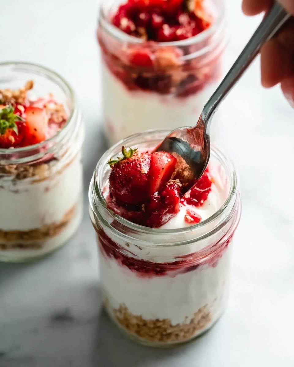 The image shows a close-up of a clear jar filled with three layers. The bottom layer is light brown and crumbly, resembling crushed cookies or granola. Above it is a thick white layer of yogurt that looks creamy and smooth. On top, there are whole bright red strawberries and a few crushed strawberries adding a juicy texture. A silver spoon is dipped into the jar, with a woman's hand holding it from the top right corner. In the background, there are two more jars with similar layered contents, all placed on a white marbled surface. photo taken with an iphone --ar 4:5 --v 7