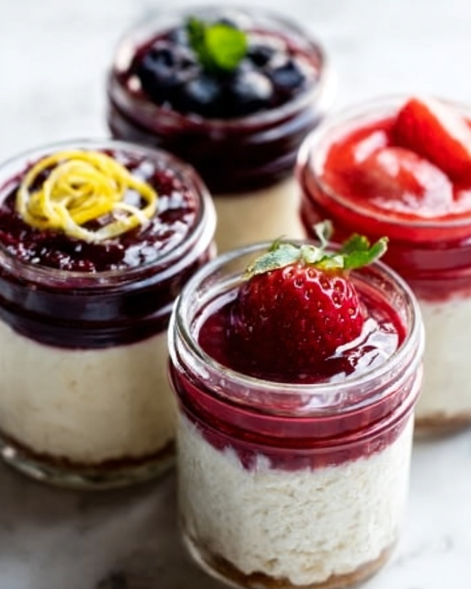The image shows four clear glass jars filled with a layered dessert placed on a white marbled surface. Each jar has a base layer of creamy white textured mixture. On top of this base, one jar has a thick, dark purple layer with a shiny texture and a lemon peel decoration, another jar has a bright red layer with a glossy look and a whole strawberry, a third jar has a deep purple glossy layer, while the last jar is topped with a smooth red fruit layer and a whole strawberry with green leaves. The jars are arranged close together, capturing the colorful contrast between the creamy white base and the vibrant fruit layers above. Photo taken with an iphone --ar 4:5 --v 7