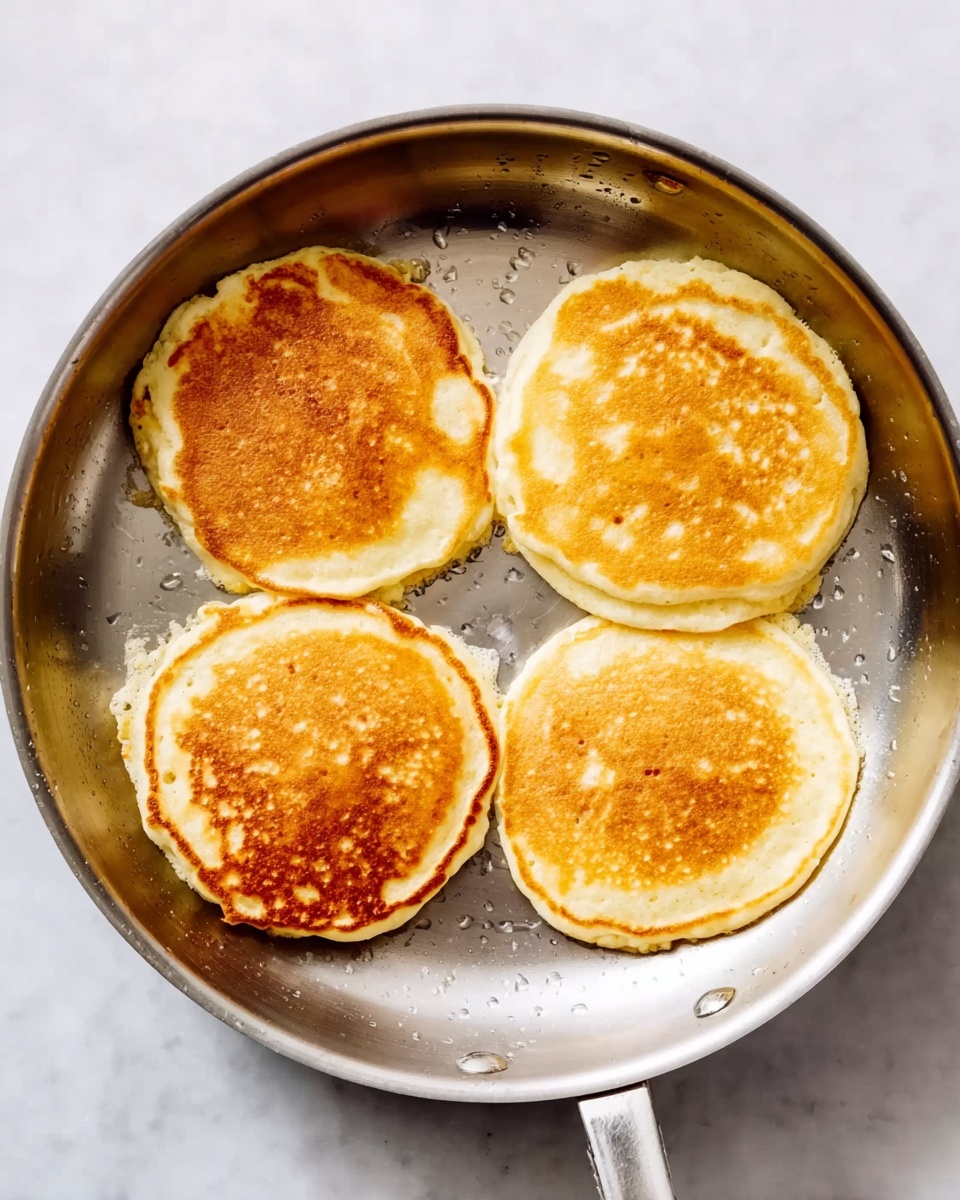 In a stainless steel frying pan, there are four round pancakes cooking. Each pancake has a golden brown top with some small bubbles and uneven edges, showing the soft texture of the batter. The pancakes are spread out evenly in the pan, which is shown from above. The background is a white marbled surface that adds brightness to the image. Photo taken with an iphone --ar 4:5 --v 7