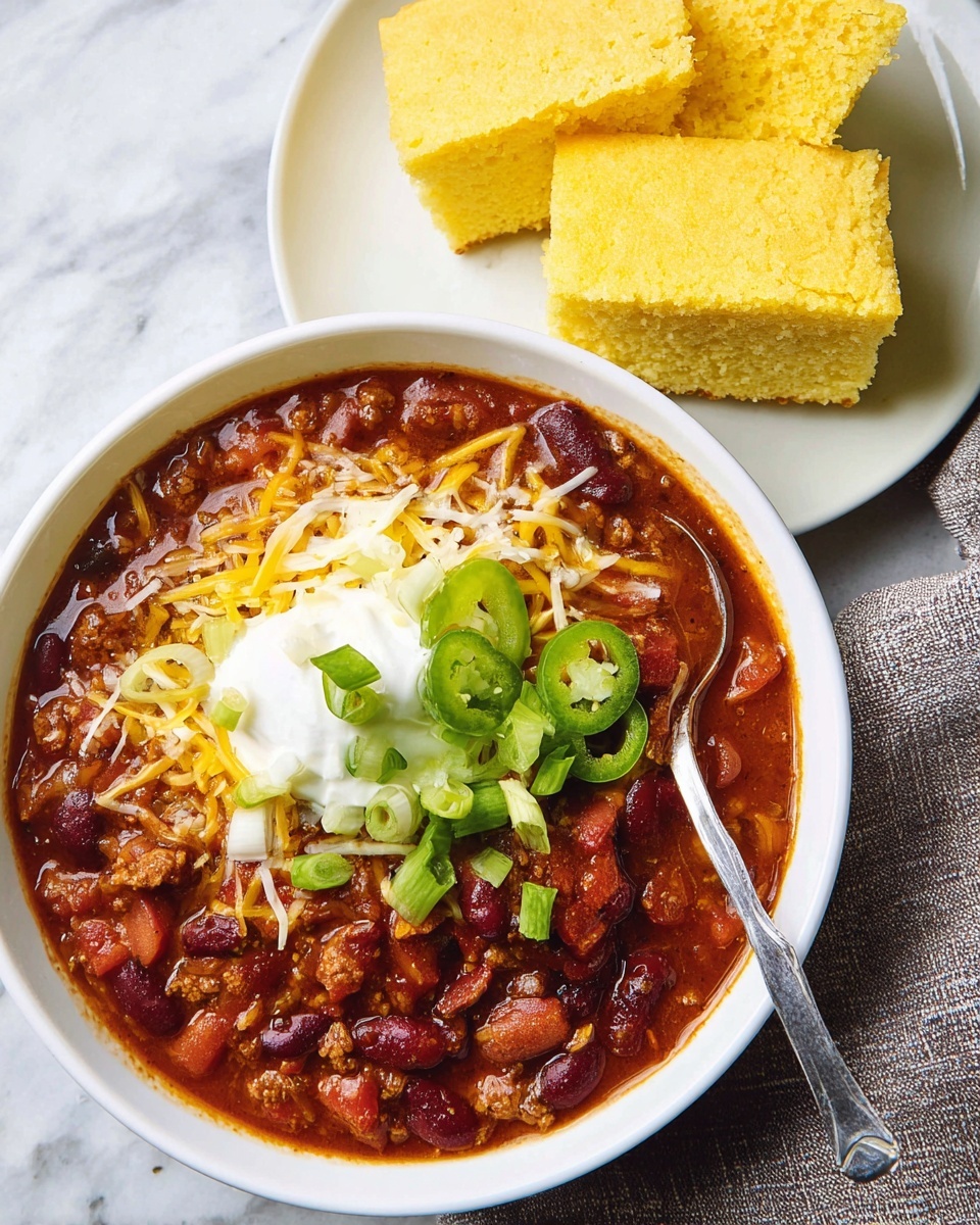 A white bowl is filled with thick chili that has visible layers of dark red kidney beans, ground meat, and tomato chunks in a rich reddish-brown sauce, topped with shredded yellow and white cheese, chopped green onions, a dollop of white sour cream, and slices of green jalapeño peppers on the side. Next to the bowl, there are two pieces of golden-yellow cornbread with a soft, crumbly texture placed on white plates. A spoon rests inside the bowl, and a white marbled surface holds the dishes. A textured gray cloth is partially visible beside the bowl. photo taken with an iphone --ar 4:5 --v 7