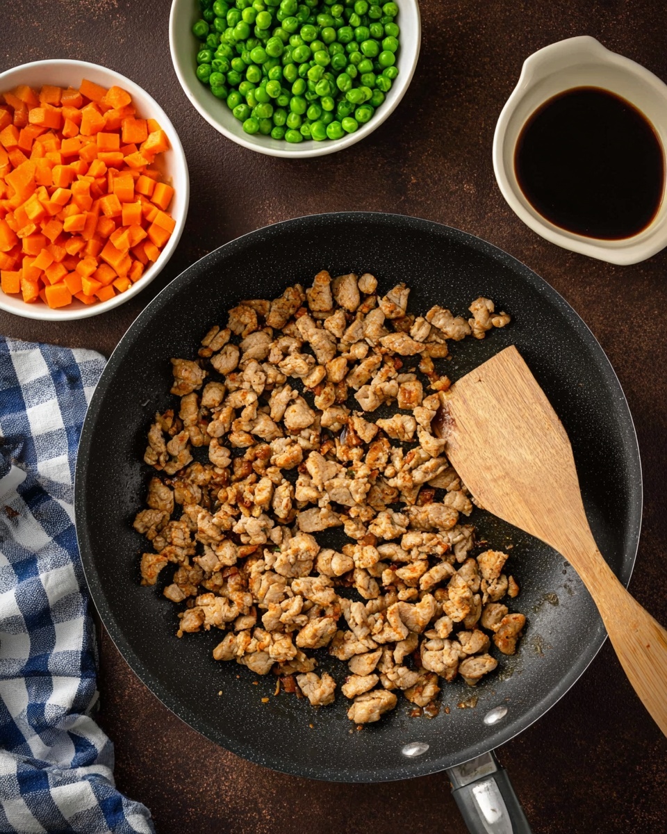A black frying pan with many small, light brown cooked meat pieces spread evenly inside. A wooden spatula with a smooth texture is resting on the right side of the pan, partly touching the meat. Near the top left, a white bowl holds bright orange diced carrots mixed with vibrant green peas. At the top right, a smaller white bowl is filled with a dark brown liquid sauce. The items sit on a dark brown textured surface with a folded blue and white checkered cloth peeking in from the bottom left corner. photo taken with an iphone --ar 4:5 --v 7