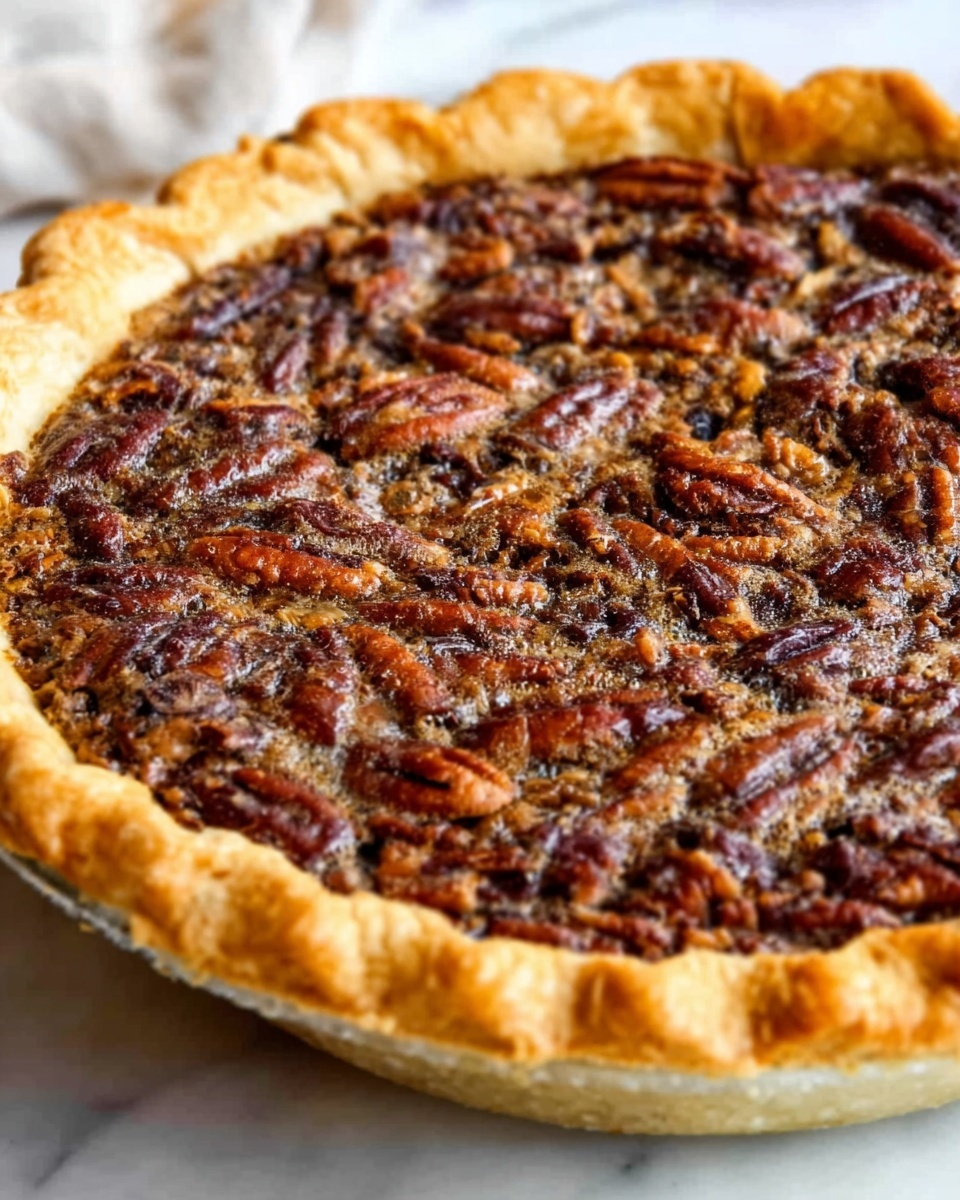 The image shows a round pecan pie with a golden, flaky crust that is thick and slightly crimped around the edge. The filling is deep brown and glossy, covered with whole toasted pecans that are unevenly spread on top, giving the surface a crunchy texture. The pie sits on a white marbled surface with soft natural light showing the pie's shiny top and crust details. Photo taken with an iphone --ar 4:5 --v 7