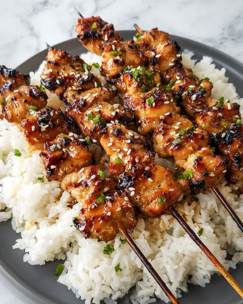 Grilled chicken skewers are laid on a bed of plain white rice on a white plate. The skewers have glossy, caramel-colored chicken pieces with grill marks and small charred edges. They are sprinkled with white sesame seeds and small green scallion bits. The rice around the skewers looks soft and fluffy, filling most of the plate under the chicken. The background is a white marbled texture. photo taken with an iphone --ar 4:5 --v 7