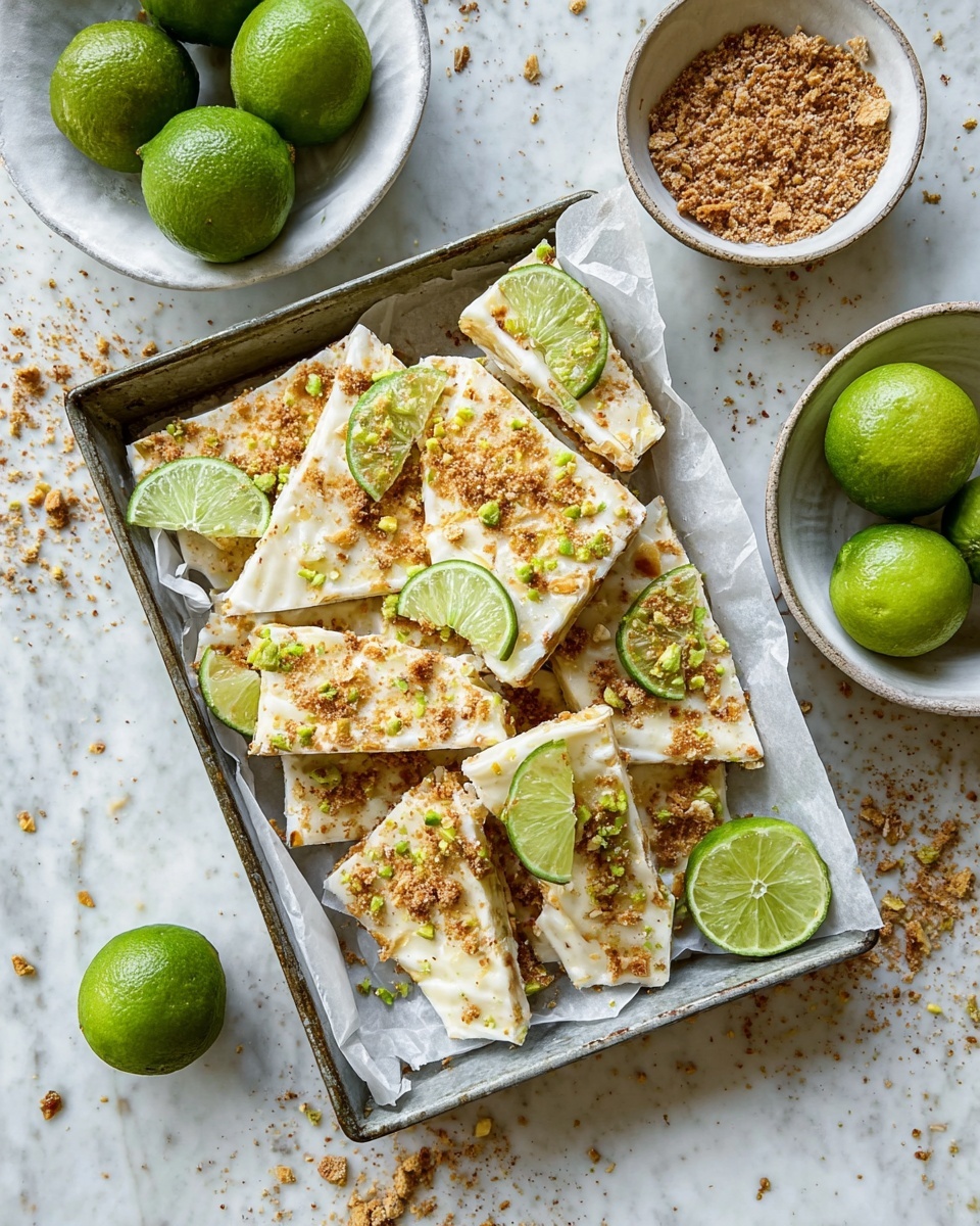 The image shows a close-up of a woman's hand holding a triangular piece of light-colored white chocolate bark with small brown and green bits scattered on top. Below, there is a metal tray filled with many more pieces of the same bark, each piece irregularly shaped and decorated with bits of nuts and green zest. Around the chocolate bark, there are several bright green lime slices placed on the tray, adding a fresh color contrast. The background is a white marbled surface. photo taken with an iphone --ar 4:5 --v 7