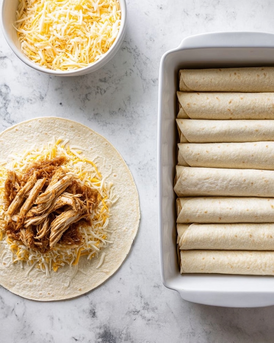 The image shows two scenes side by side on a white marbled surface. On the left, there is a round white tortilla with a layer of shredded yellow and white cheese on it, topped with a pile of shredded brown cooked chicken placed in the center. Above the tortilla, there is a white bowl filled with more shredded cheese. Below and to the right of the tortilla, a woman's hand is lifting another tortilla from a small stack. On the right, a white baking dish contains six rolled tortillas lined up in two columns of three each, ready to be baked; the tortillas are light beige with a soft texture and no visible fillings outside. Photo taken with an iphone --ar 4:5 --v 7