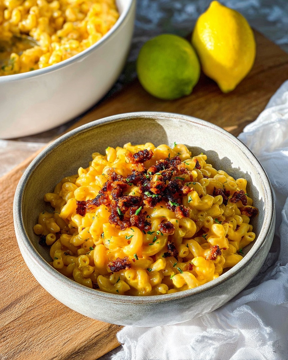 A bowl with one layer of yellow-orange macaroni and cheese topped with small pieces of dark brown crispy bits and sprinkled with green herbs, sitting on a white marbled cloth over a wooden surface; in the background, there is a white bowl filled with more macaroni and cheese showing the creamy texture of the pasta, along with one whole yellow lemon and one whole green lime on the wooden surface. Photo taken with an iphone --ar 4:5 --v 7