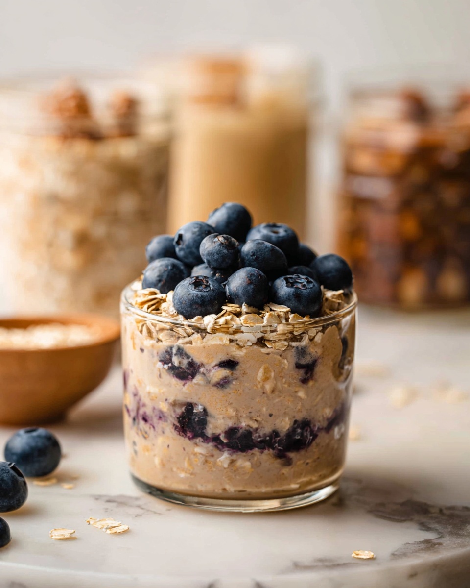A clear round glass cup filled with three main layers: the bottom layer is creamy light brown oatmeal with visible blueberries mixed inside, the middle layer is thick oatmeal with a mix of oats and berries, and the top layer is fresh, plump dark blue blueberries sitting on top of the oatmeal. The cup is placed on a white marbled surface with some scattered blueberries nearby. In the background, blurred glass jars hold similar oatmeal mixtures with different toppings. Photo taken with an iphone --ar 4:5 --v 7