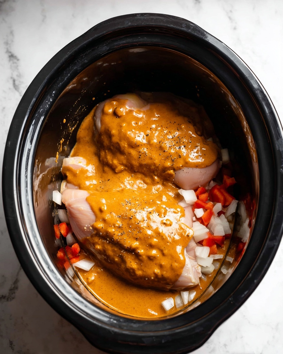 Inside a black slow cooker, there are two raw chicken pieces lying on a bed of chopped white onions and small red bell pepper cubes. The chicken is covered with a thick, smooth orange sauce that has small lumps, creating a textured look. The chicken pieces are light pink, partially visible under the sauce, and have some ground black pepper sprinkled on them. The slow cooker sits on a white marbled surface. photo taken with an iphone --ar 4:5 --v 7