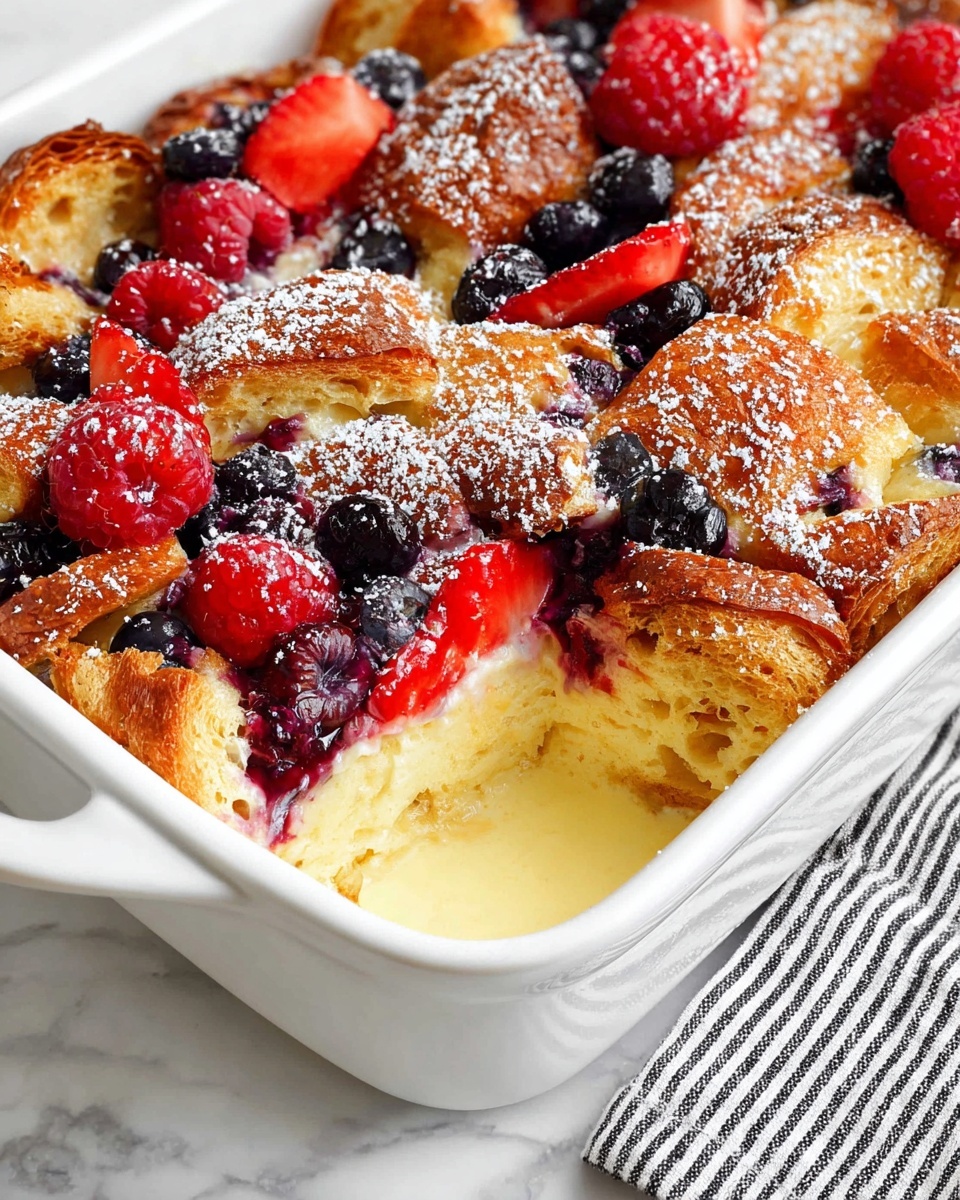 A white baking dish filled with a layered baked dessert showing three main layers: the bottom layer is a soft, creamy custard in pale yellow; the middle layer is torn pieces of golden brown, flaky croissant with uneven edges and a slightly crispy texture; the top layer is a colorful mix of fresh berries including red strawberries sliced in halves, whole dark blueberries, and raspberries, all sprinkled lightly with white powdered sugar. The dish rests on a white marbled surface with a black and white striped cloth partially visible at the side. photo taken with an iphone --ar 4:5 --v 7