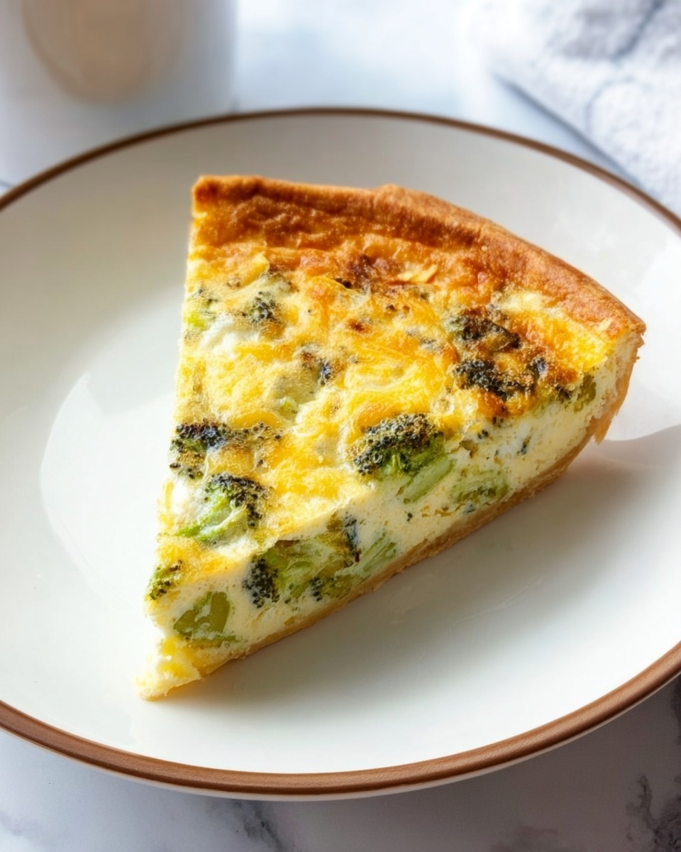 A single slice of quiche is placed on a white plate with a thin brown rim, set on a white marbled surface. The quiche has three clear layers: a light golden brown crust at the bottom, a creamy yellow egg layer with visible green pieces of broccoli scattered throughout the middle, and a slightly browned top layer with melted cheese that has small browned spots and a soft texture. The slice is triangular with clean edges, showing the moist texture of the filling inside. Photo taken with an iphone --ar 4:5 --v 7