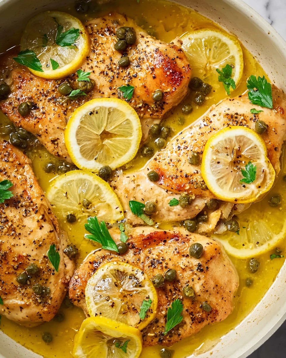 Four light golden chicken pieces lie in a shallow pool of bright yellow sauce inside a white pan. The chicken is sprinkled with small dark green capers and bits of black pepper, giving a speckled texture. Around the chicken, thin lemon slices with bright yellow rinds rest on the sauce, some partly submerged. Small fresh green parsley leaves are scattered on top and in the sauce, adding a pop of color. The sauce looks smooth and glossy with a hint of oiliness. The background is a white marbled surface. photo taken with an iphone --ar 4:5 --v 7
