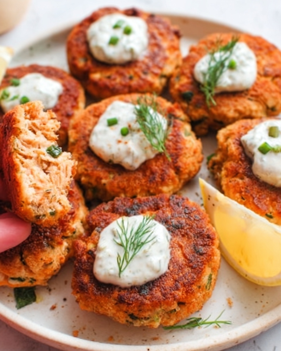 Seven round, golden-orange patties with small green herb bits are arranged in a loose pile on a white speckled plate. Three patties near the center top have a dollop of white creamy sauce, sprinkled with chopped green chives, small dill sprigs, and black pepper on top. Bright yellow lemon wedges are placed around the patties, and fresh green parsley leaves are scattered on the plate. The plate rests on a white marbled surface. Photo taken with an iphone --ar 4:5 --v 7
