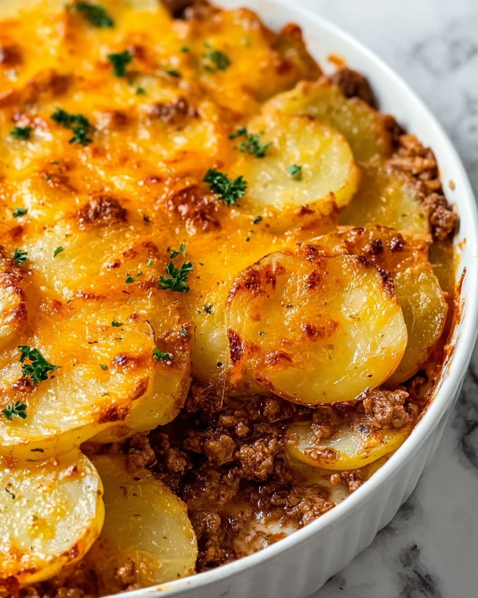 The image shows a baked dish with visible layers. The bottom layer has browned ground meat with a crumbly texture in a white round dish. On top of this is a layer of thin round potato slices, pale yellow with slight browning on the edges. Over the potatoes is a melted layer of bright orange cheese that is bubbly and slightly browned. Small green parsley pieces are sprinkled on top of the cheese, adding color contrast. The dish is placed on a white marbled surface. Photo taken with an iphone --ar 4:5 --v 7