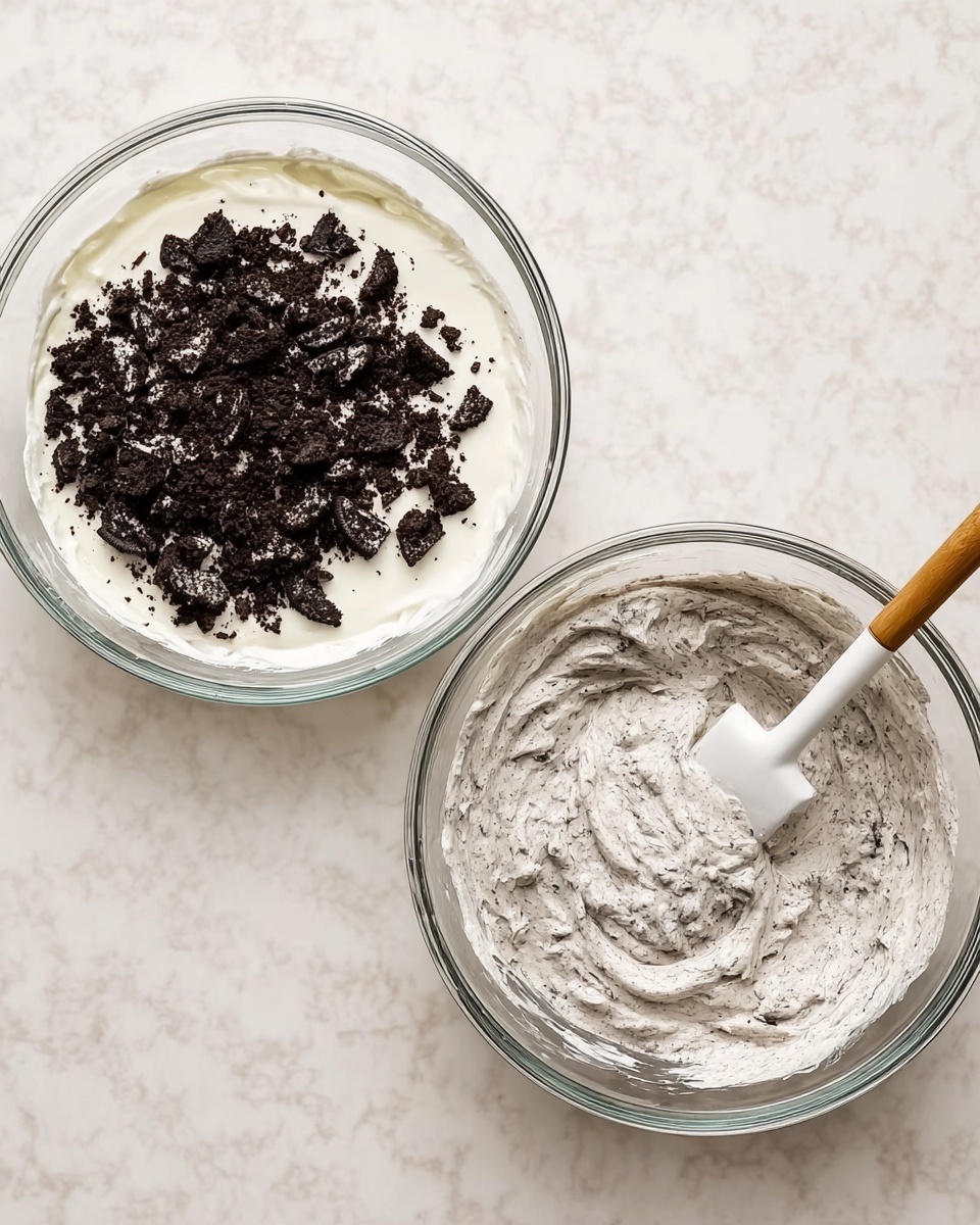 Two clear glass bowls sit side by side on a white marbled surface. The bowl on the left has a thick, creamy white layer at the bottom, topped with a large pile of dark brown and black crushed cookie pieces. In the bowl on the right, the cookie pieces are mixed into the white creamy base, creating a lightly speckled pale gray mixture with a smooth, slightly textured surface. A white spatula with a wooden handle rests inside the right bowl. Photo taken with an iphone --ar 4:5 --v 7