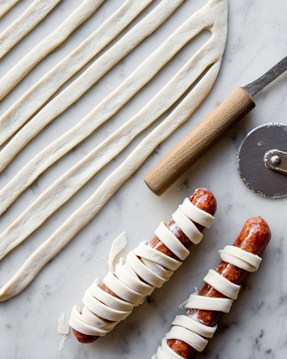 The image shows a white marbled surface with several thin strips of pale dough arranged in two neat rows and two long stripes above them. Two reddish sausages are partially wrapped with the dough strips in a spiral pattern, exposing parts of the sausage skin. A metal pizza cutter with a wooden handle rests nearby on the surface, hinting at the dough being cut into strips. The dough has a smooth texture and the sausages have a shiny, slightly glossy look. photo taken with an iphone --ar 4:5 --v 7