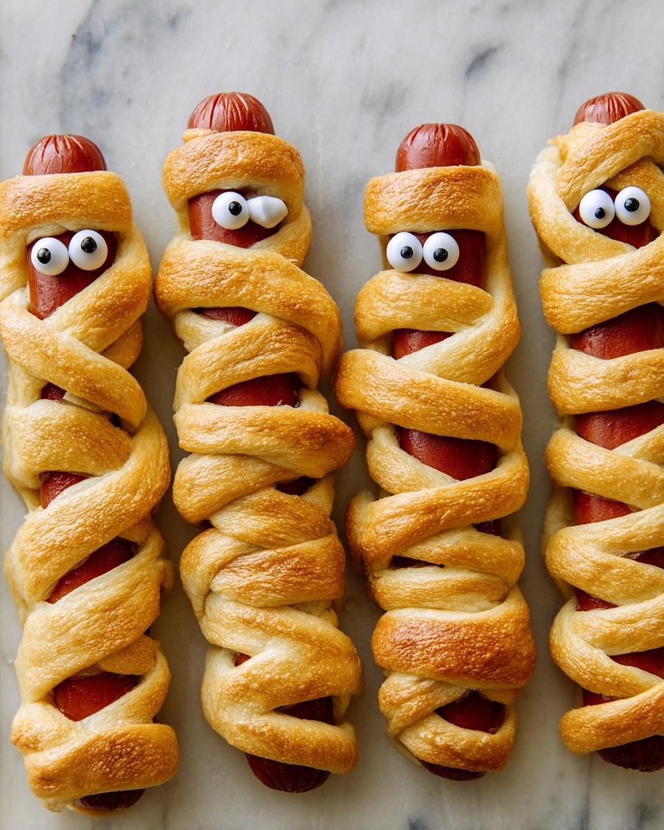 The image shows five hot dogs wrapped with golden-brown dough strips in a crisscross pattern from bottom to top, resembling mummies. Each hot dog is a deep reddish-brown color with the dough wrapping covering most of the surface except for the top and small spaces where two round candy eyes with black pupils are placed, giving a playful look. The hot dogs are laid side by side on a white marbled background. The dough has a slightly crispy and shiny texture, with some layers overlapping tightly while others are looser. Photo taken with an iphone --ar 4:5 --v 7