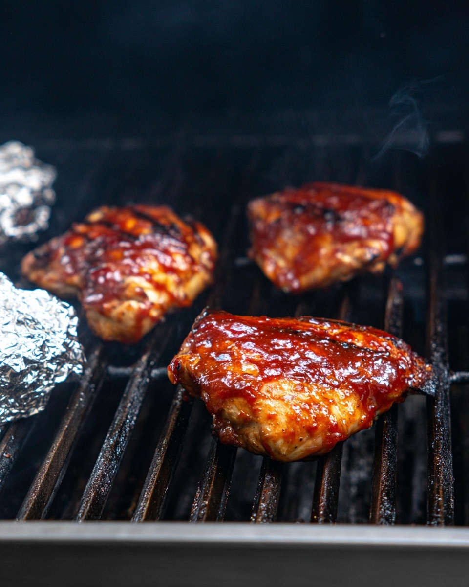 A close-up of four grilled chicken pieces with a shiny, sticky reddish-brown sauce on their surface, resting on black grill bars with slight charring marks. The chicken pieces show a mix of crispy and smooth textures, with some areas darker from cooking. On the left side, there is a wrapped foil parcel placed on the grill. The background is dark, highlighting the chicken and grill. The photo is taken from a low angle with some smoke rising subtly. photo taken with an iphone --ar 4:5 --v 7