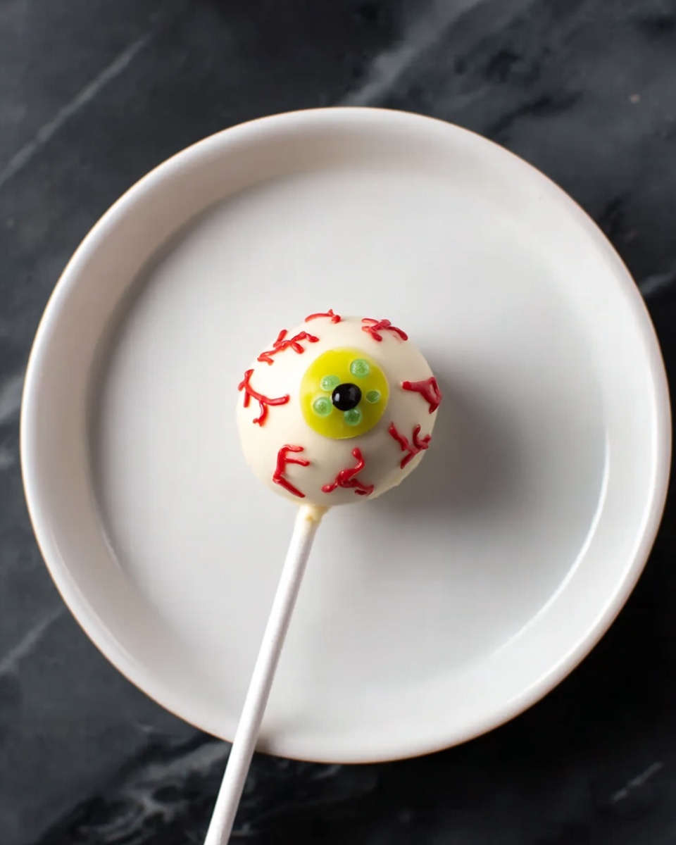 A single round cake pop designed like an eyeball is placed in the center of a white plate. The cake pop is covered in white icing with small green and yellow circles in the middle to form the iris and pupil. Red icing streaks resembling blood vessels extend outward from the center circle. The cake pop is on a white stick that leans slightly to the left. The plate sits on a white marbled surface. photo taken with an iphone --ar 4:5 --v 7
