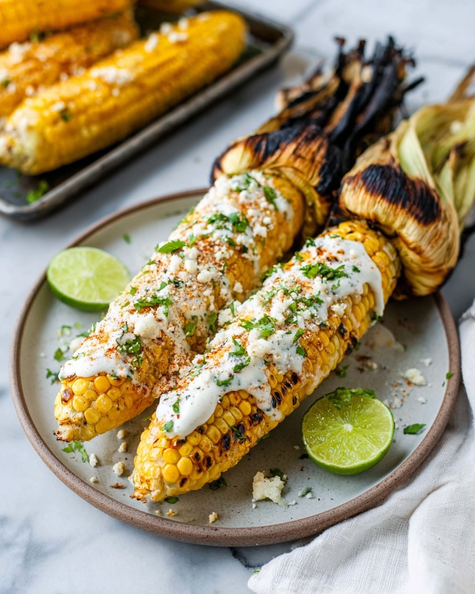 Two grilled corn cobs with charred husks on top are placed side by side on a round white plate. Each corn cob is covered with a creamy white sauce and sprinkled with small bits of white cheese and chopped green herbs. Two lime wedges sit next to the corn on the lower left side of the plate. In the background, there is a tray with more corn cobs. The plate is on a white marbled surface with a white cloth to the right. Photo taken with an iphone --ar 4:5 --v 7