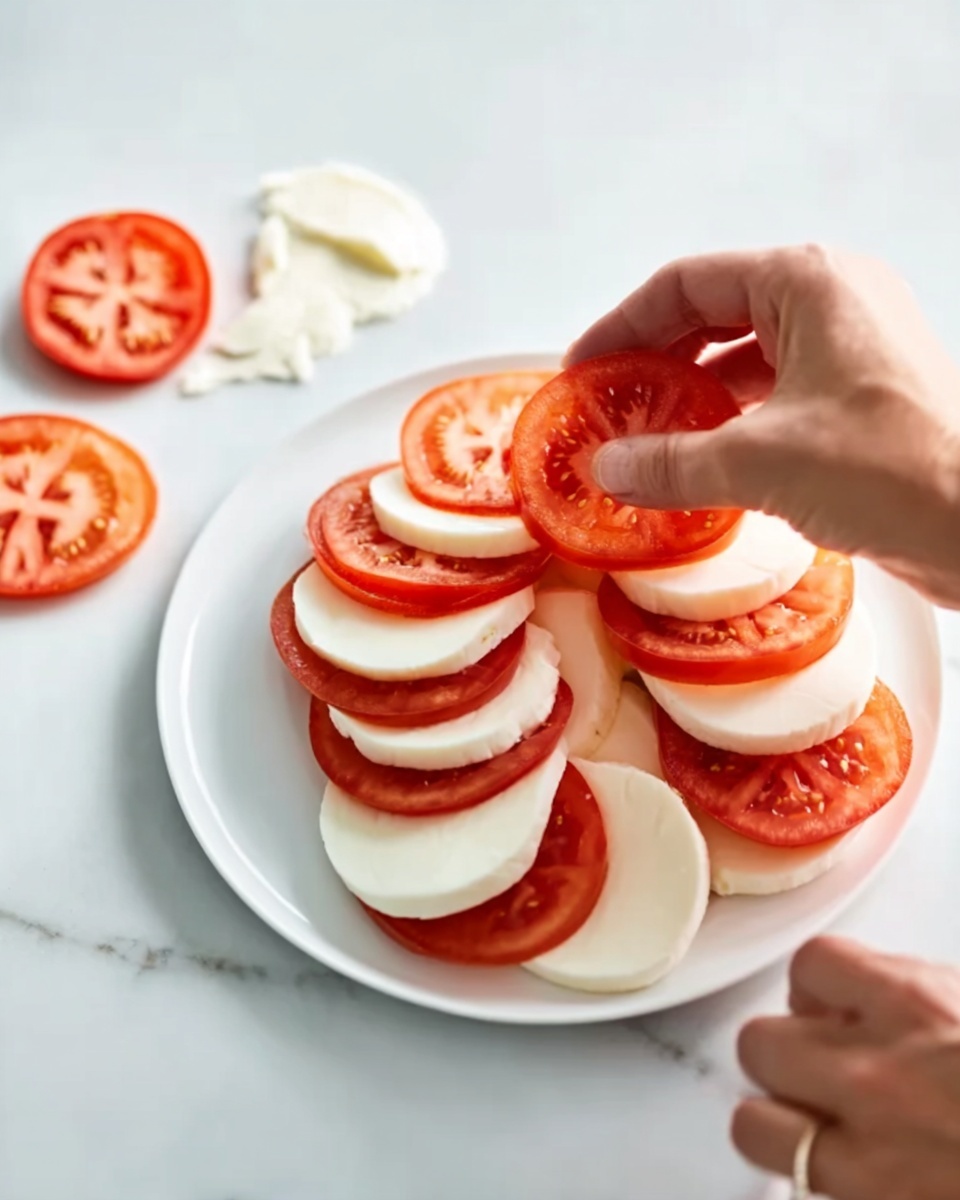 A white plate on a white marbled surface holds a stack of alternating slices of red tomato and white mozzarella cheese arranged in two loose rows, with each tomato slice showing soft texture and visible seeds, and each mozzarella slice appearing smooth and slightly curved; a woman's two hands are placing the tomato slices carefully on the plate, with extra tomato slices visible on the left on the same surface next to a torn piece of white cheese. photo taken with an iphone --ar 4:5 --v 7