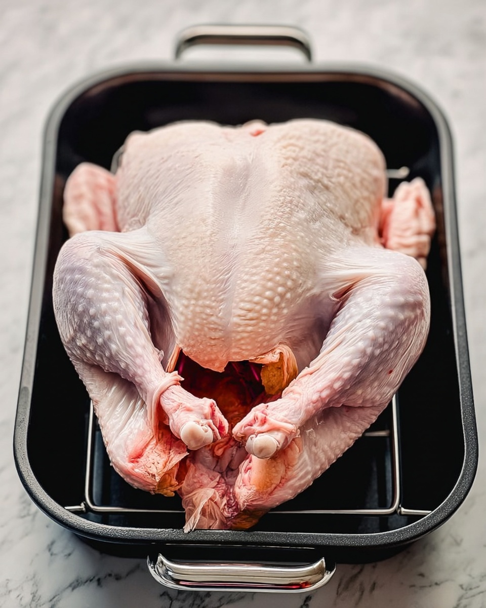 A raw whole turkey with pale pink skin and visible texture sits in a black roasting pan with metal handles, positioned on a white marbled surface. The turkey is placed belly-up, showing the open cavity and the legs stretched out. Photo taken with an iphone --ar 4:5 --v 7