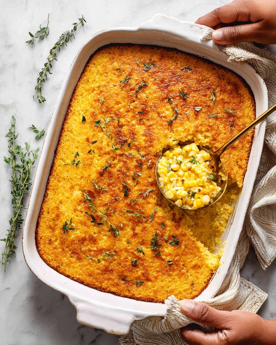 A close-up of a white bowl shows a thick, creamy corn casserole with two visible layers: a smooth, soft yellow custard-like base and a top layer of whole yellow corn kernels mixed with melted white cheese, small green herb leaves scattered on top, and a light golden-brown crust. A golden spoon lifts a serving, showing the casserole's moist, slightly chunky texture with glossy melted cheese and herbs on the surface. The bowl is on a white marbled surface. photo taken with an iphone --ar 4:5 --v 7