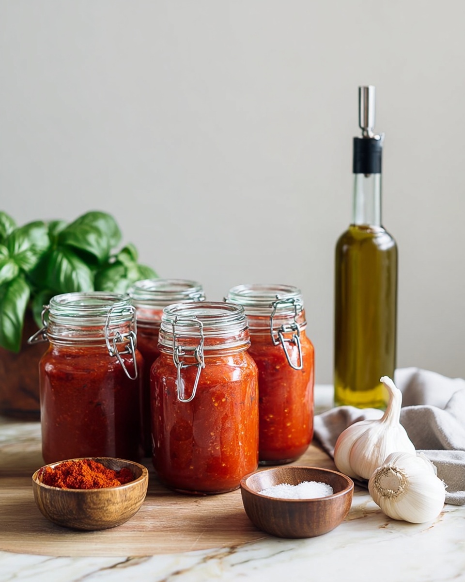 The image shows four glass jars filled with red tomato sauce, each jar topped with a clear lid and metal clasp, arranged in a loose line. Behind the jars, there is fresh green basil adding a touch of color. To the right of the jars, there is a tall clear glass bottle with olive oil in it and a black pour spout. In front of the jars, on a wooden surface, there are two small wooden bowls, one filled with red chili powder and the other with white salt, along with two heads of garlic placed nearby. The background is a clean, light gray wall and the surface underneath is a white marbled texture. photo taken with an iphone --ar 4:5 --v 7