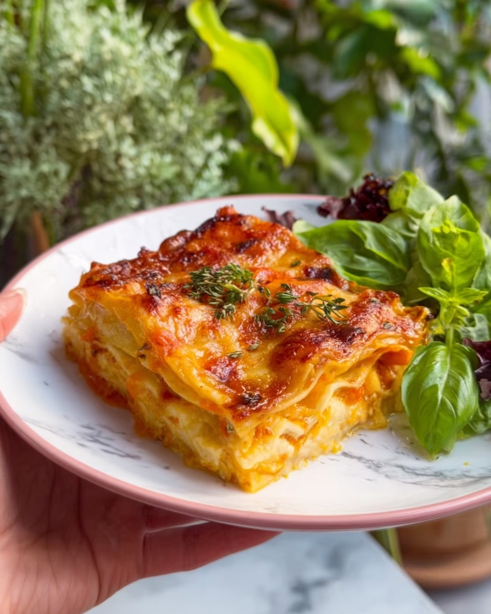 A piece of golden-brown layered lasagna sits on a white plate with a light pink rim, with melted cheese that looks slightly crispy and some tomato sauce on top. The lasagna layers show creamy yellow pasta sheets and a rich orange cheese mix inside. Next to the lasagna, there is a small fresh green salad with basil leaves. The plate is held by a woman's hand against a background of white marbled table and some green plants in soft focus. photo taken with an iphone --ar 4:5 --v 7