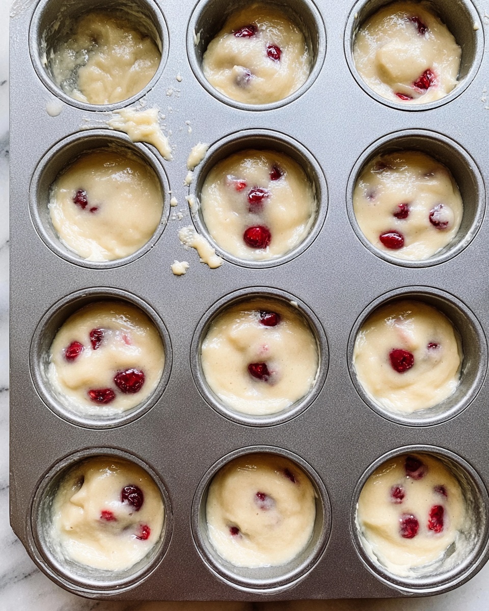 This image shows a metal muffin tray with twelve cups filled with pale, creamy batter that has a smooth, slightly thick texture. Each cup contains a few small red berries partially covered and embedded in the batter. The tray surface has some batter spills around the cups. The background and surface under the tray is a white marbled texture. photo taken with an iphone --ar 4:5 --v 7