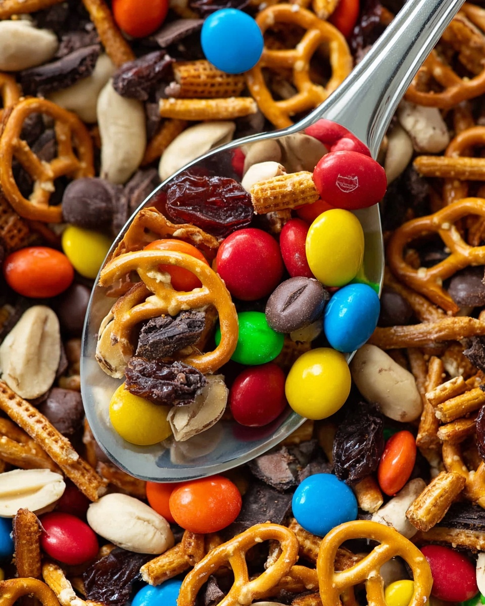 The image shows a close-up of a spoon filled with mixed snacks, sitting on a larger pile of the same mix. The spoon holds twisted light brown pretzels, bright red and yellow candy-coated chocolates, off-white peanuts, dark raisins, and some small chocolate pieces. The mix below the spoon has the same items spread unevenly, showing bright colorful candies, brown pretzels, and peanuts. The background is a white marbled surface. photo taken with an iphone --ar 4:5 --v 7