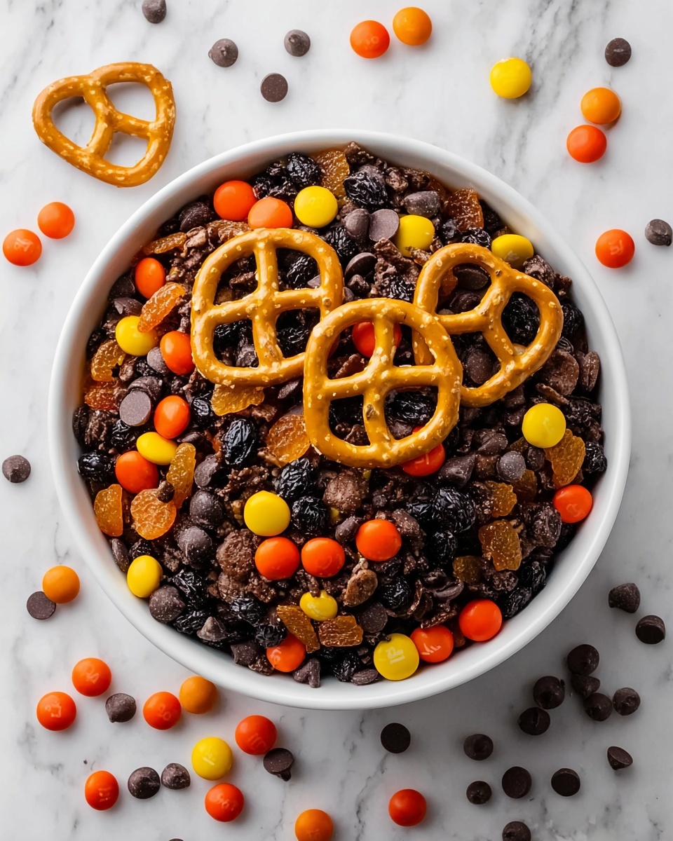 A white bowl filled with a mix of pretzels, dark chocolate chips, orange and yellow candy-coated chocolates, and two colors of raisins, all layered evenly and spread on top of each other. The pretzels have a shiny golden-brown color and are placed mostly on the top layer. Dark chocolate chips create a rich dark layer underneath and scattered around. The orange and yellow candy-coated chocolates add bright pops of color all over the mix. Raisins in dark purple and light brown colors are spread in between the other ingredients, adding texture and depth. The bowl is set on a white marbled textured surface with a few dark chocolate chips around it. Photo taken with an iphone --ar 4:5 --v 7