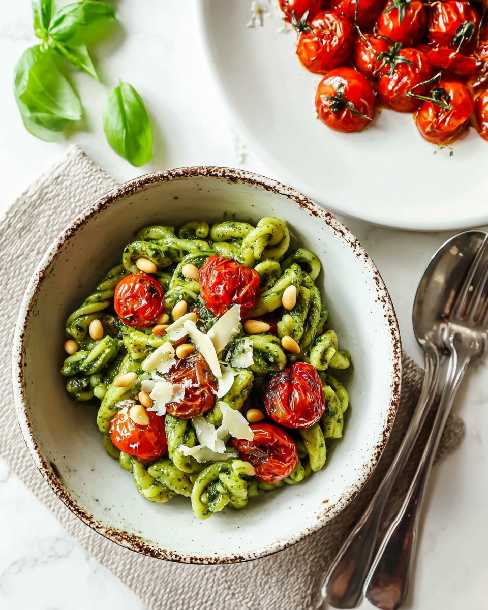 The image shows a close-up of a white bowl filled with pasta coated in green pesto sauce as the base layer. On top of the pasta are bright red roasted cherry tomatoes with a shiny, slightly wrinkled skin texture. Scattered over the pasta and tomatoes are light brown pine nuts and thin white shreds of cheese. A sprinkle of black pepper is visible over the whole dish. The bowl sits on a white marbled surface, with a fork and beige textured cloth nearby. photo taken with an iphone --ar 4:5 --v 7